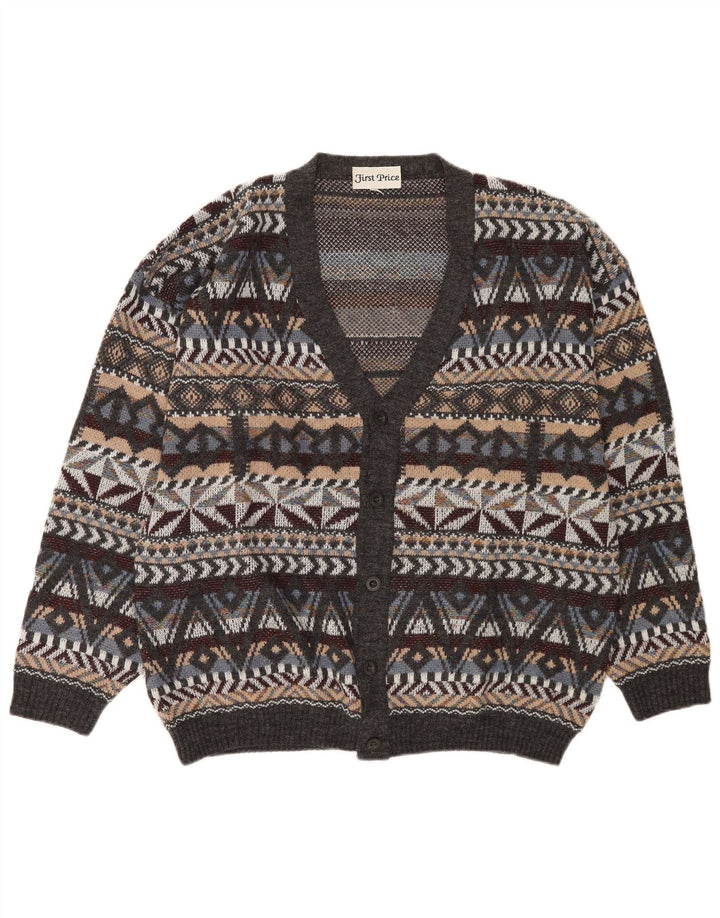 Vintage hombres Cardigan suéter medio gris lana geométrica