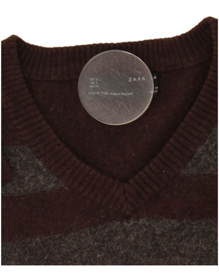 Zara Hombre Jersey Con Cuello En V De Lana A Rayas Marrón Medio
