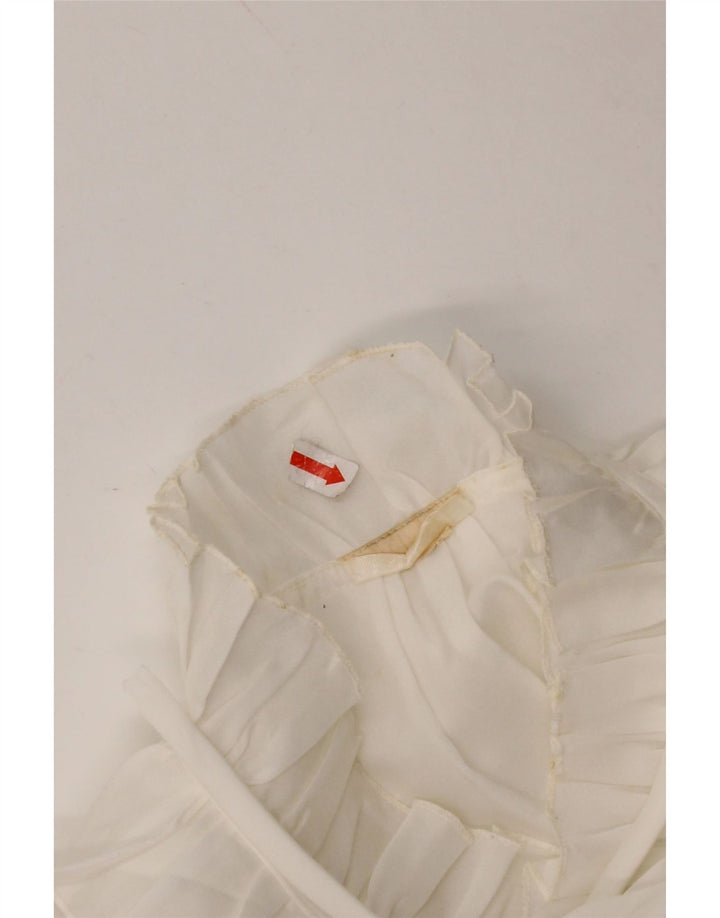 VINTAGE Blusa de camisa delantera con volantes para mujer Reino Unido 16 Blanco grande