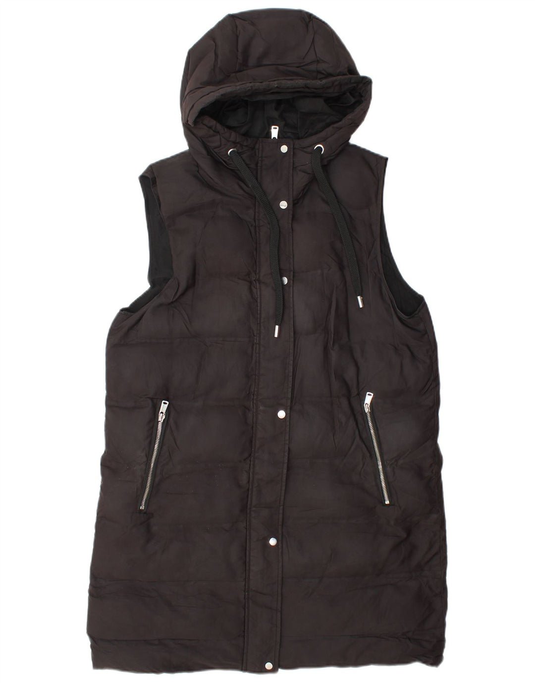 Zara Mujer Chaleco Largo Acolchado Con Capucha UK 40 Mediano Negro Poliéster