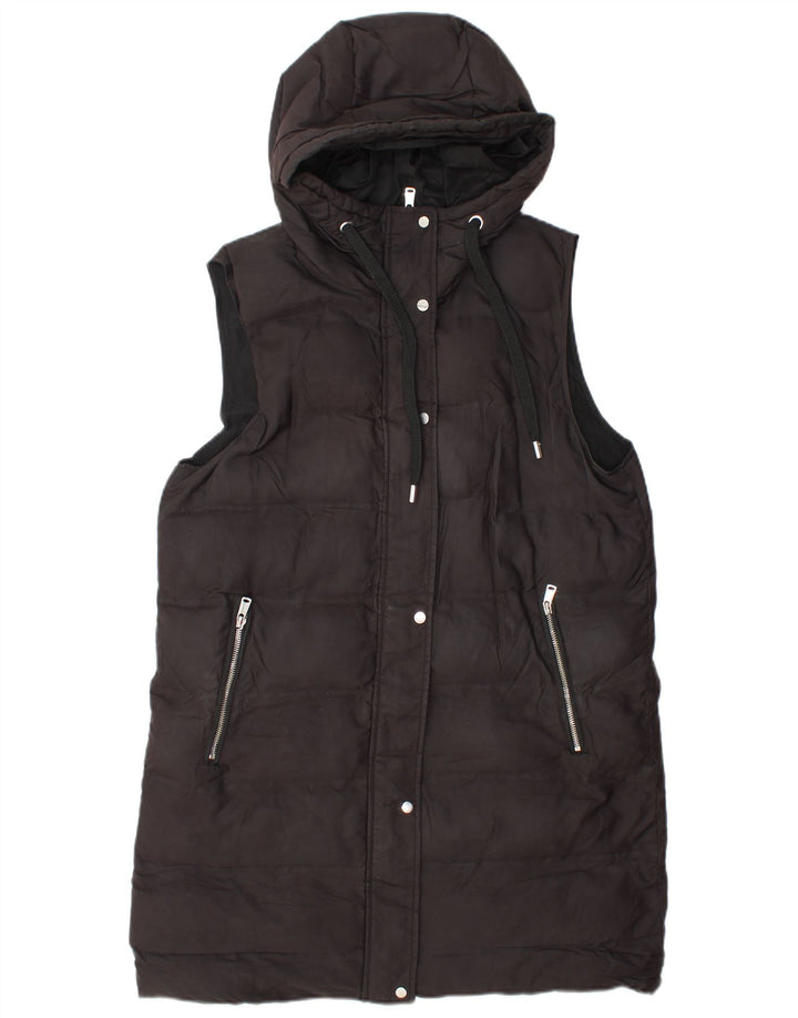Zara Mujer Chaleco Largo Acolchado Con Capucha UK 40 Mediano Negro Poliéster
