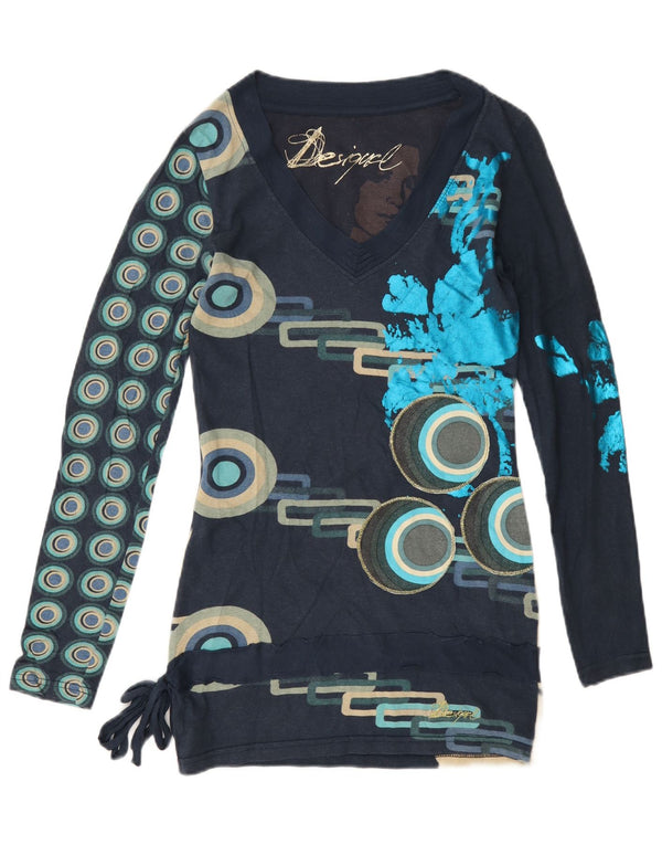 Desigual Mujer Gráfico Top Manga Larga UK 6 XS Azul Marino Algodón Geométrico