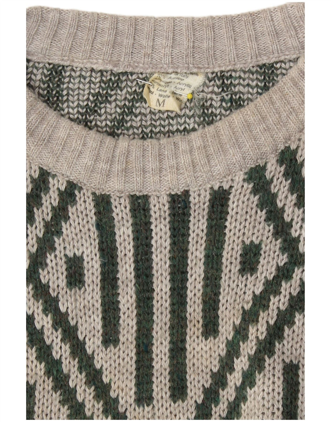 Vintage hombres cuello redondo jersey suéter medio gris geométrico acrílico