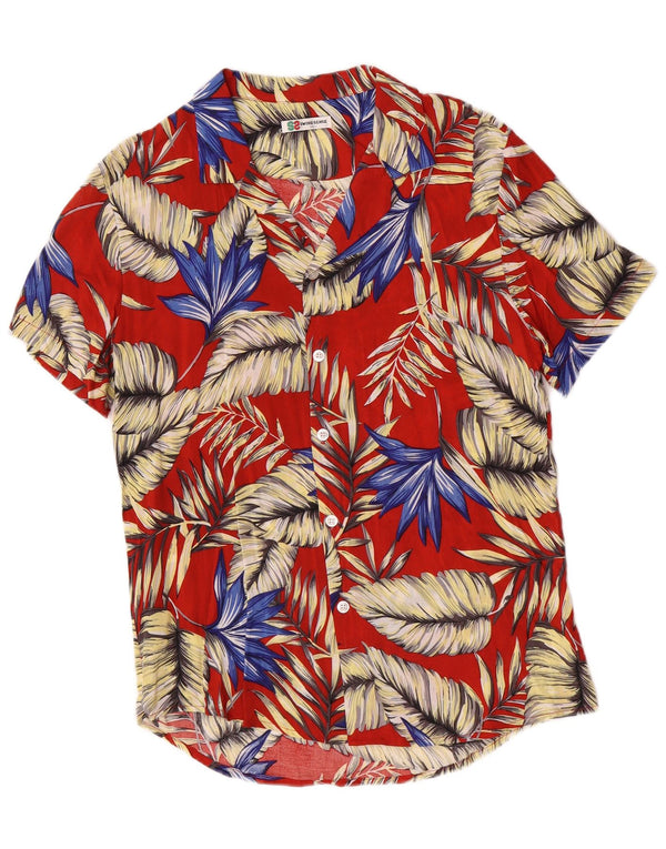 Vintage hombres hawaiano manga corta camisa grande rojo floral rayón