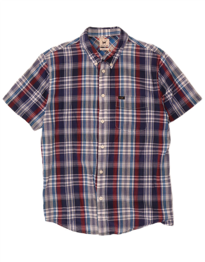 LEE Camisa de manga corta para hombre con ajuste regular y algodón a cuadros azul marino grande