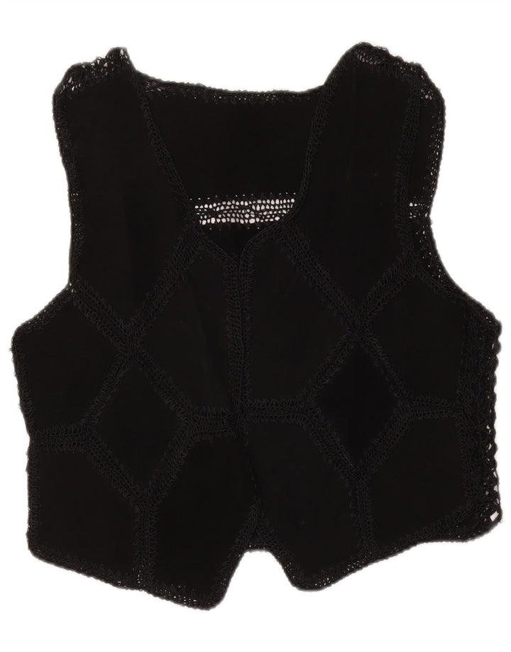 Vintage mujer ante chaleco Reino Unido 16 gran patchwork negro
