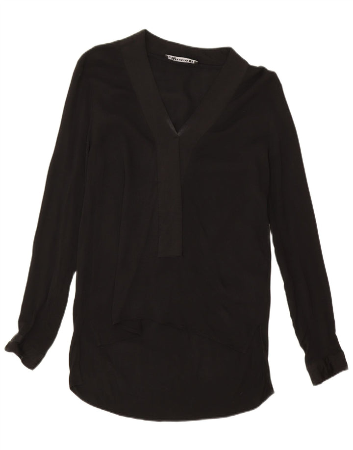 Zara Mujer Blusa De Manga Larga Top UK 44 Medium Viscosa Negra
