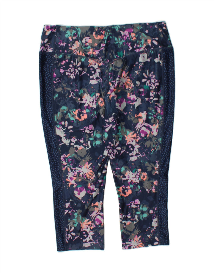 EDDIE BAUER Womens Capri Leggings UK 14 Large  Navy Blue Floral Polyester Vintage Eddie Bauer and Second-Hand Eddie Bauer from Messina Hembry 