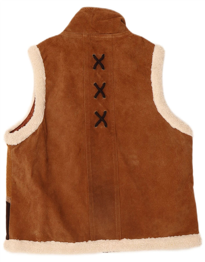 Vintage mujer ante Gilet Reino Unido 14 cuero geométrico marrón medio