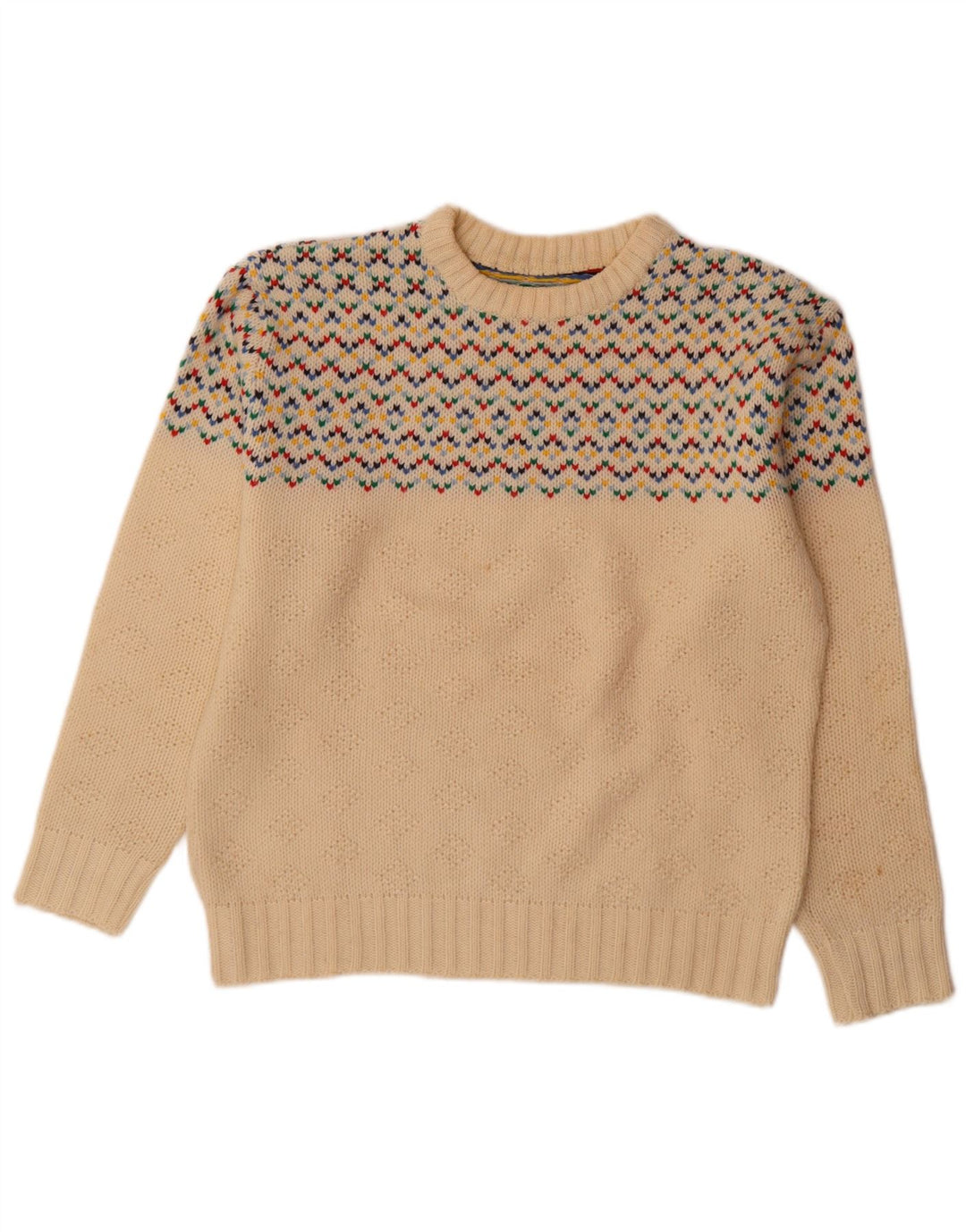 Vintage hombres cuello redondo jersey suéter medio apagado blanco Fair Isle