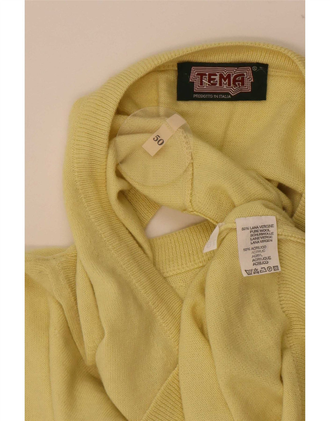 Vintage hombres chaleco camiseta sin mangas IT 50 lana amarilla media