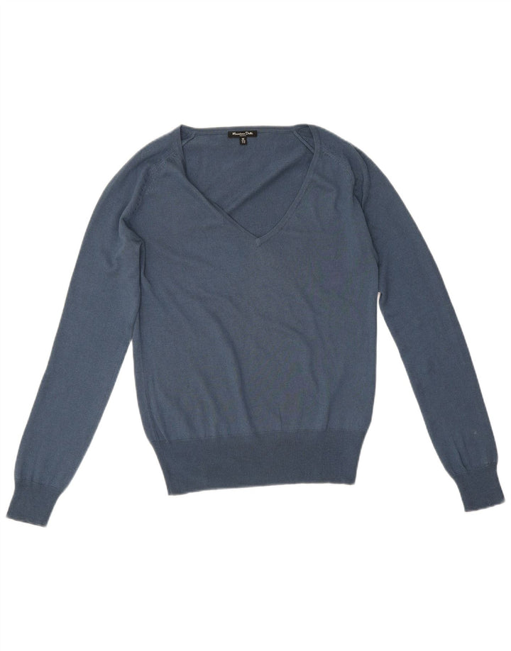 Massimo Dutti Jersey con Cuello en V para Mujer UK 42 Seda Azul Medio