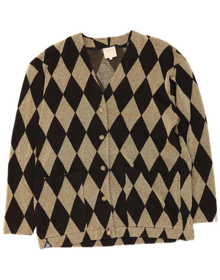 Vintage mujer oversized Cardigan suéter Reino Unido 16 grande negro Argyle/Diamond