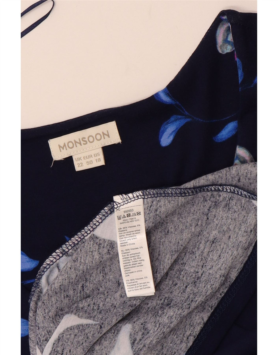 MONSOON Vestido acampanado sin mangas para mujer UK 22 3XL Viscosa floral azul marino