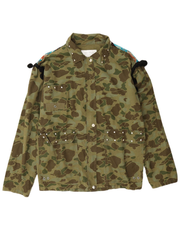 Zara Mujer Chaqueta Militar Extragrande UK 6 XS Algodón Camuflaje Caqui