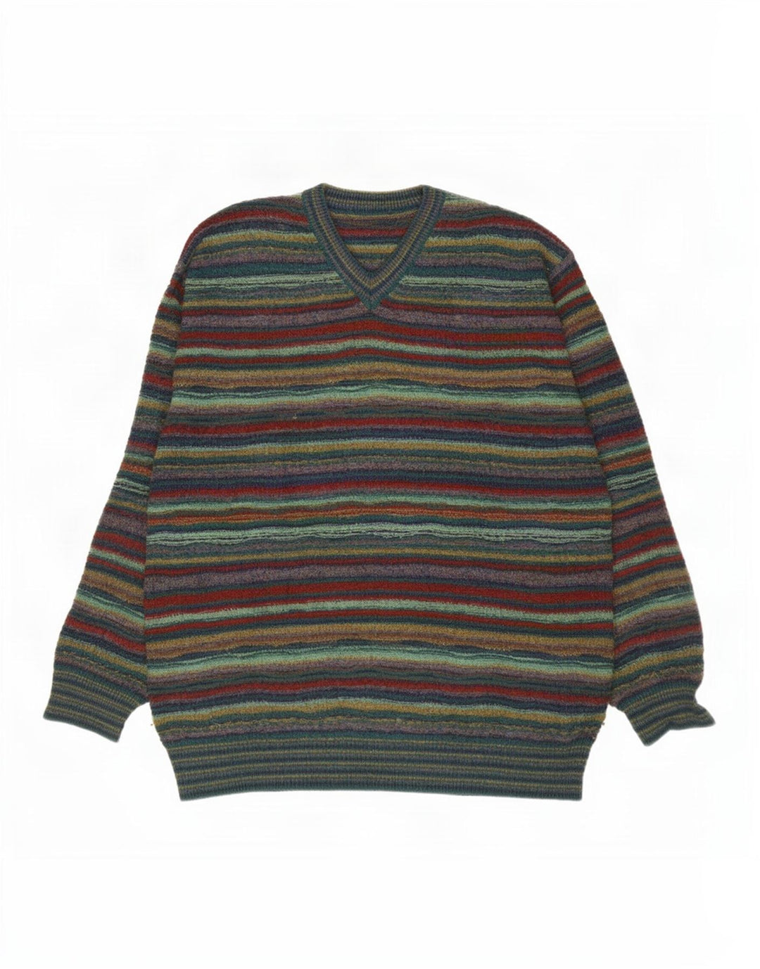 Vintage hombres V-cuello jumper suéter grande verde rayas lana