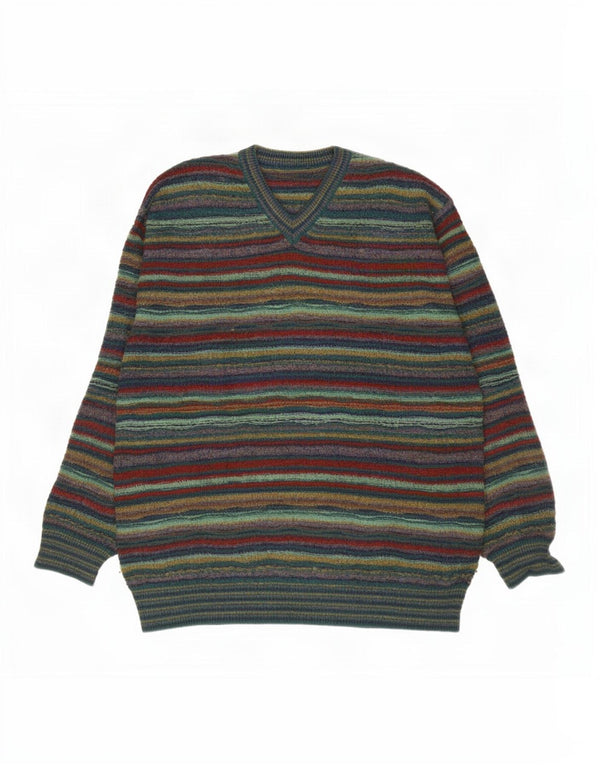 Vintage hombres V-cuello jumper suéter grande verde rayas lana