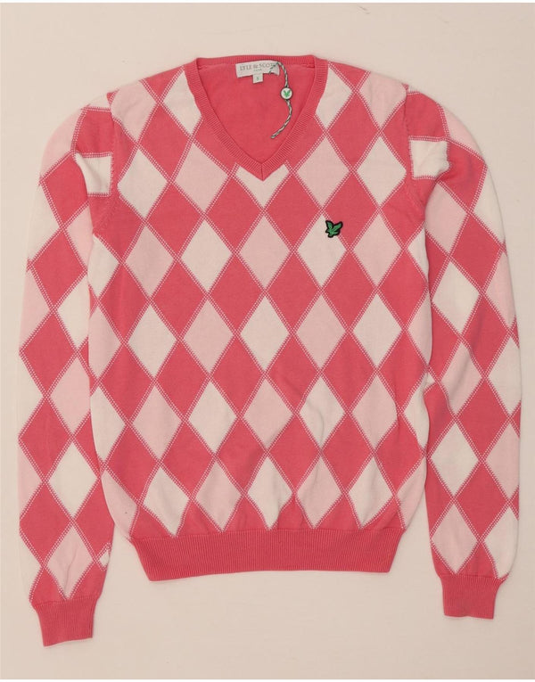 Lyle & Scott Jersey con cuello en V para mujer UK 10 Small Pink Argyle/Diamond