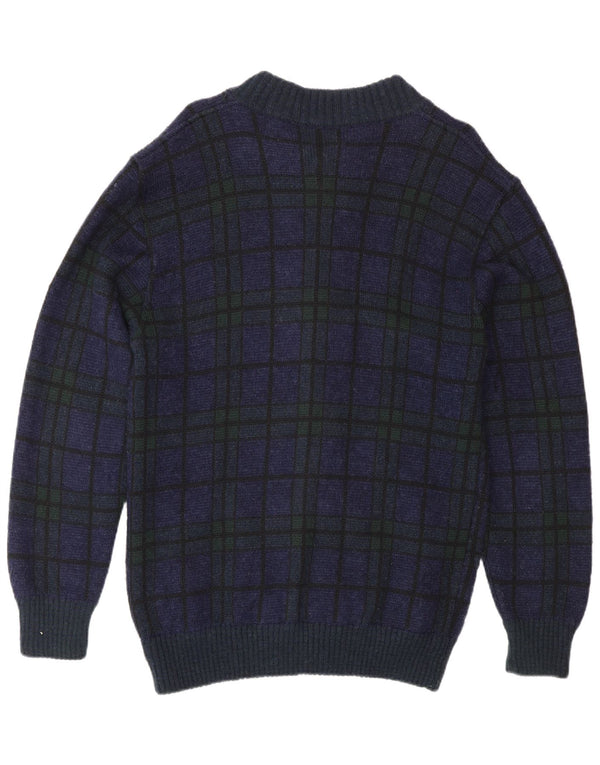 Vintage hombres Cardigan suéter medio azul marino comprobar poliacrílico