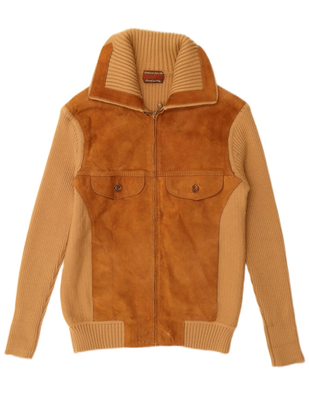 VINTAGE Suéter cárdigan de ante para mujer Reino Unido 12 Bloque de color beige medio