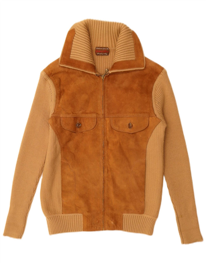 VINTAGE Suéter cárdigan de ante para mujer Reino Unido 12 Bloque de color beige medio