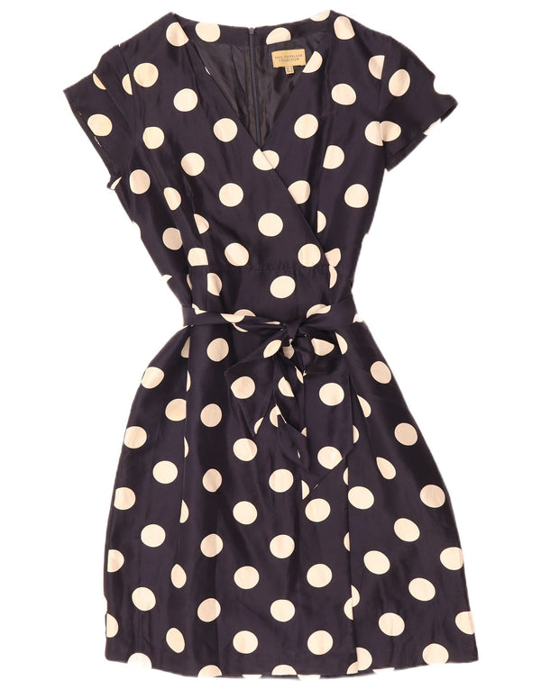 PAUL COSTELLOE Vestido acampanado para mujer UK 46 Grande Seda de lunares azul marino