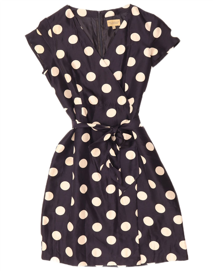 PAUL COSTELLOE Vestido acampanado para mujer UK 46 Grande Seda de lunares azul marino