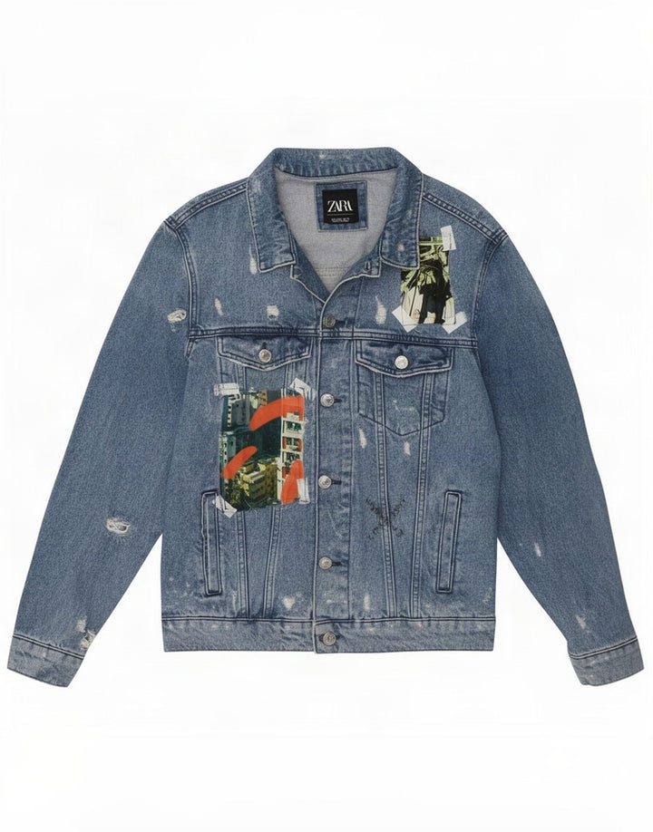 Zara Mens Artist Graphic Chaqueta Vaquera Desgastada Reino Unido 42 Grande Azul Patchwork