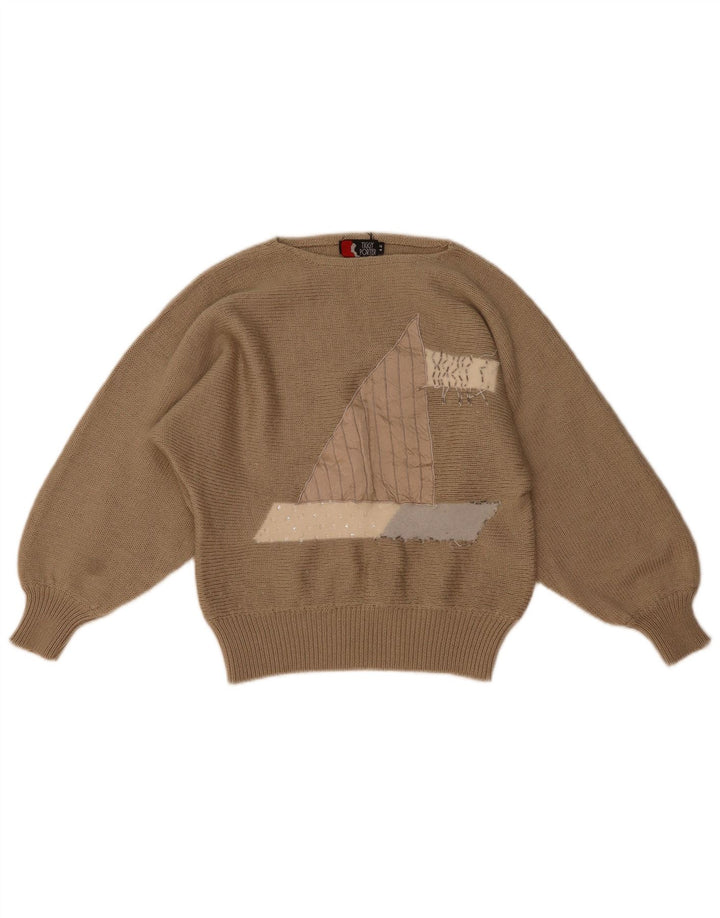 Vintage mujer gráfico barco cuello jersey suéter IT 42 marrón medio