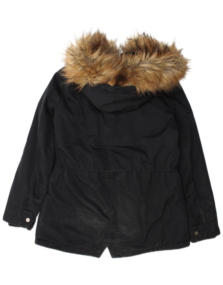 Zara Mujer Parka Con Capucha Chaqueta UK 44 Mediana Negro Poliéster