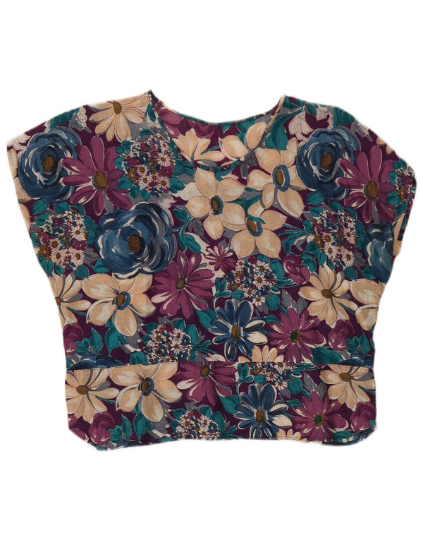 VINTAGE Mujer Crop Blusa Top Reino Unido 14 Medio Multicolor Floral