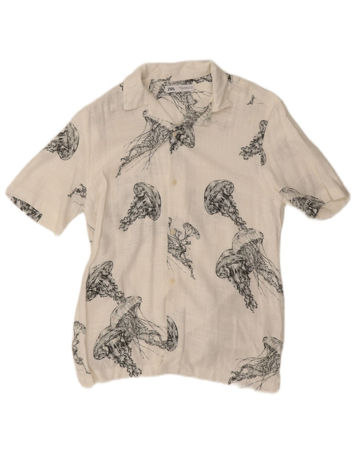 Zara Hombre Camisa Manga Corta Estampado Abstracto Viscosa Blanca Mediana