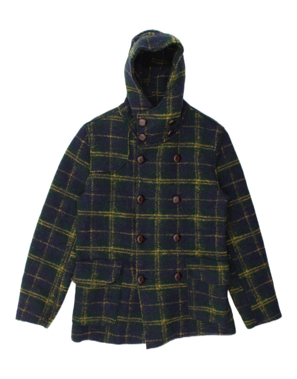 Vintage hombres punto con capucha abrigo de doble pecho Reino Unido 38 cheque azul marino medio