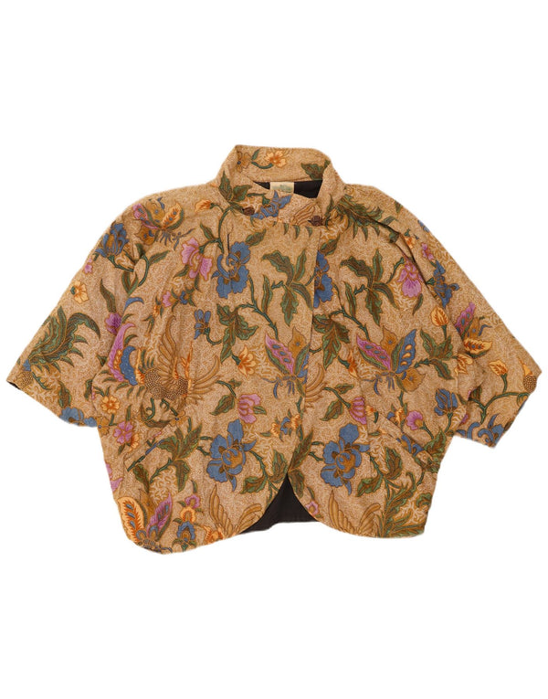 VINTAGE Mujer Manga Corta Bolero Top UK 20 2XL Algodón Floral Marrón