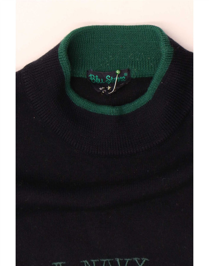 Vintage hombres gráfico tortuga cuello jumper suéter grande azul marino