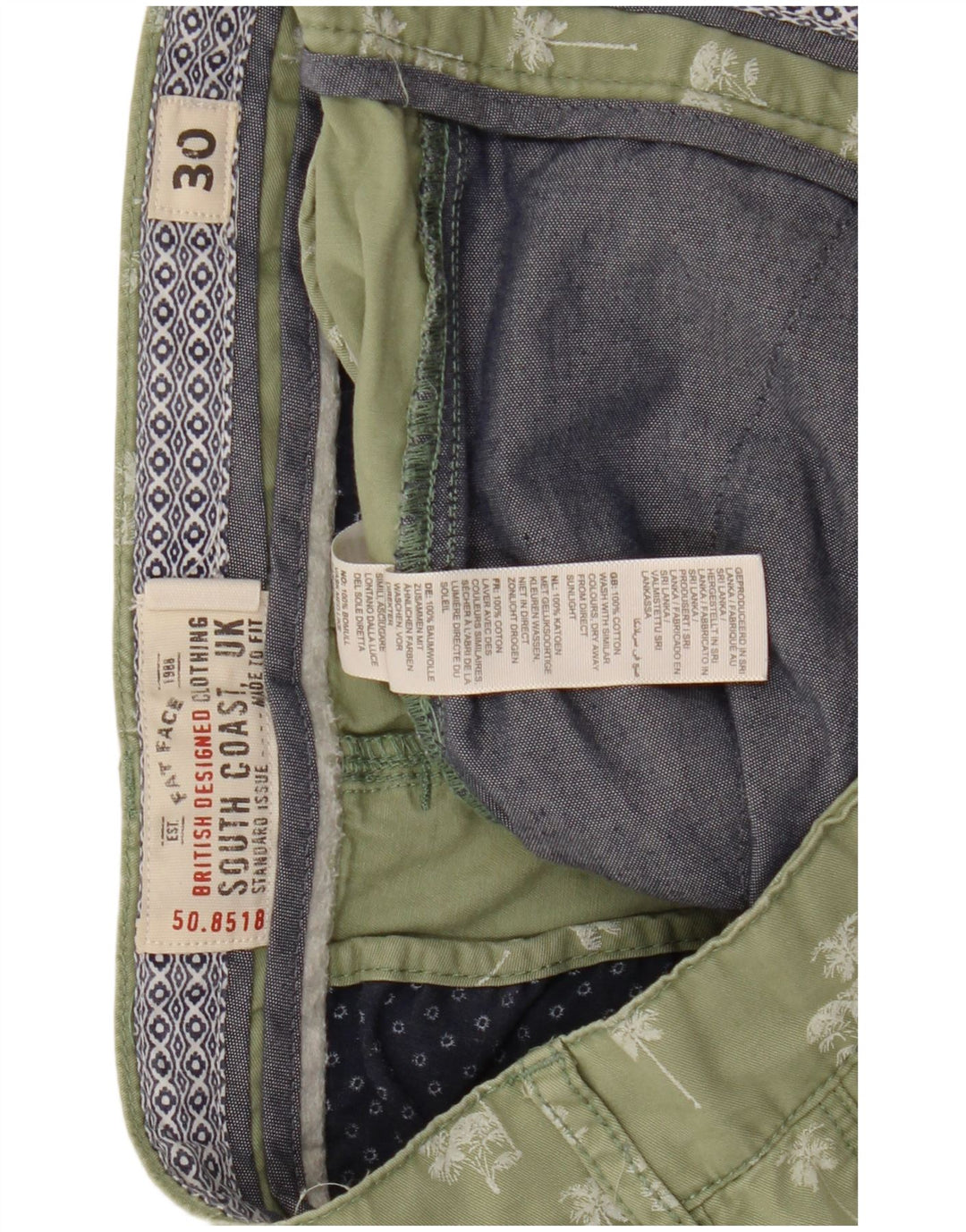Pantalones cortos chinos para hombre Fat Face W30 Algodón floral verde medio