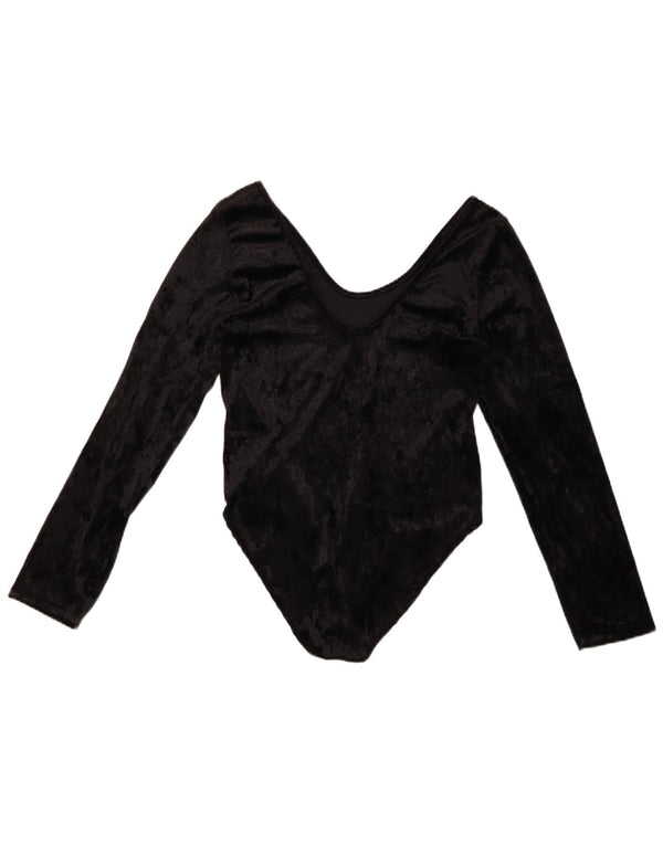 VINTAGE Mujer Velour Manga Larga Body UK 10 Pequeño Poliéster Negro