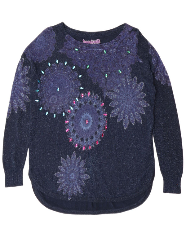 Desigual Womens Boat Neck Jumper Sweater UK 14 Large Navy Blue Colourful