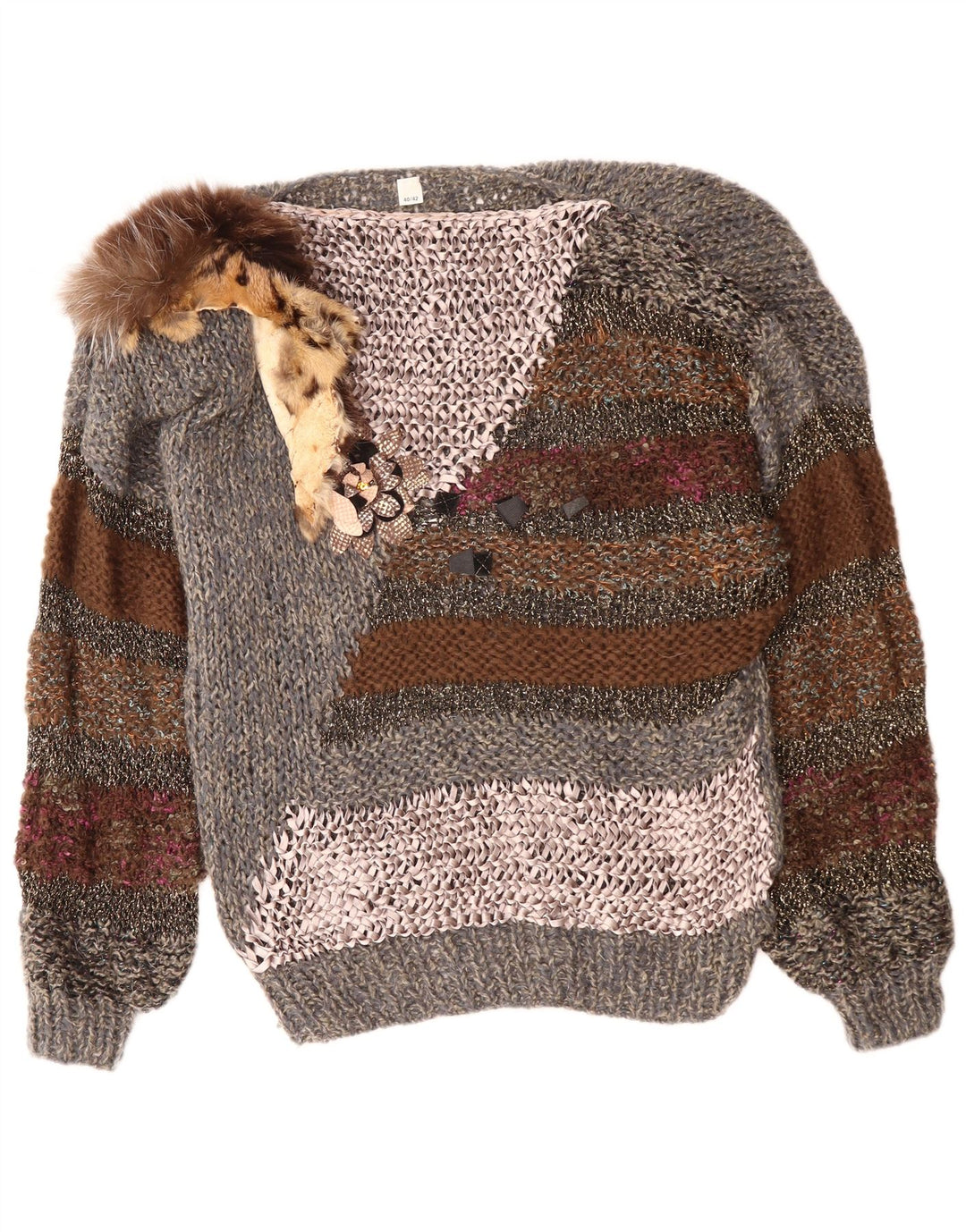 VINTAGE Jersey de cuello barco para mujer EU 40/42 Bloque de color gris medio