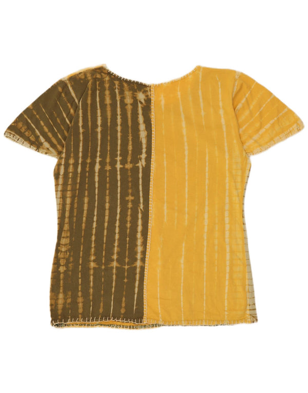 Vintage mujer camiseta gráfica Top UK 14 medio amarillo tie tinte algodón