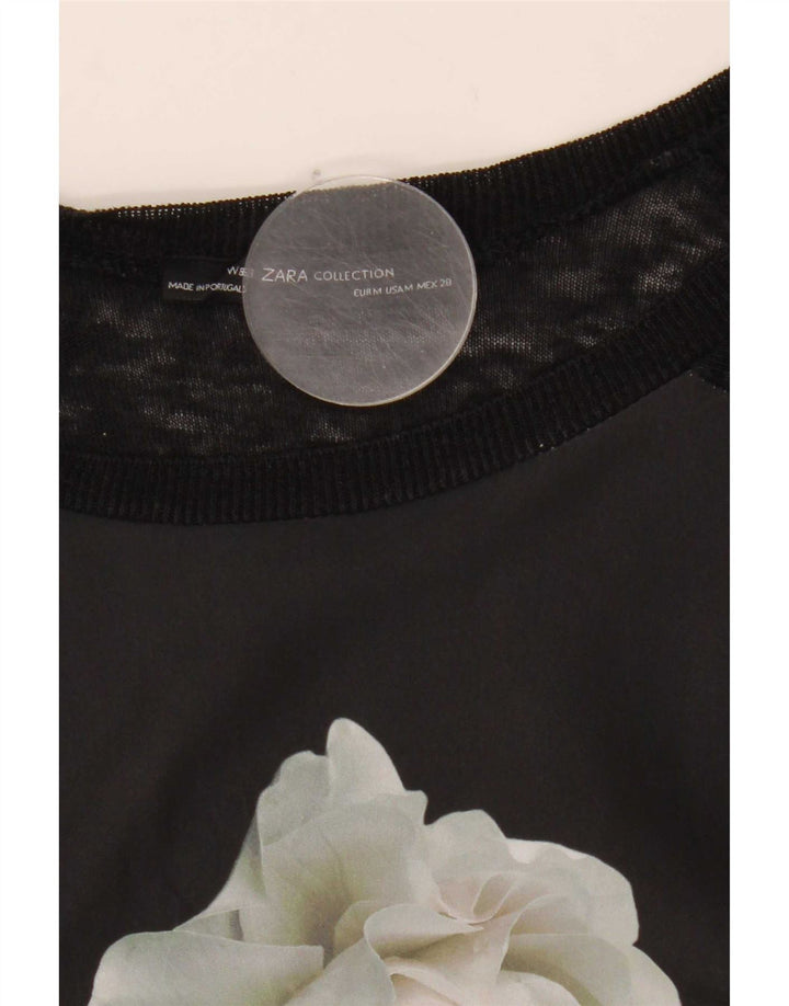 Zara Mujer Top Gráfico Manga 3/4 UK 42 Mediano Negro Floral