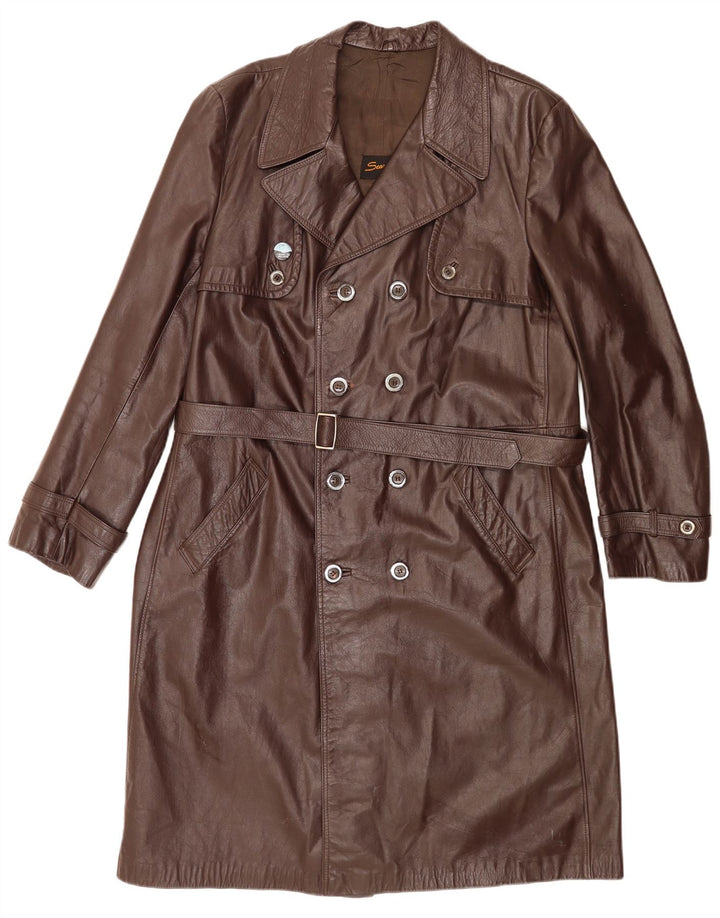 Vintage hombres cuero doble pecho abrigo IT 56 2XL marrón clásico