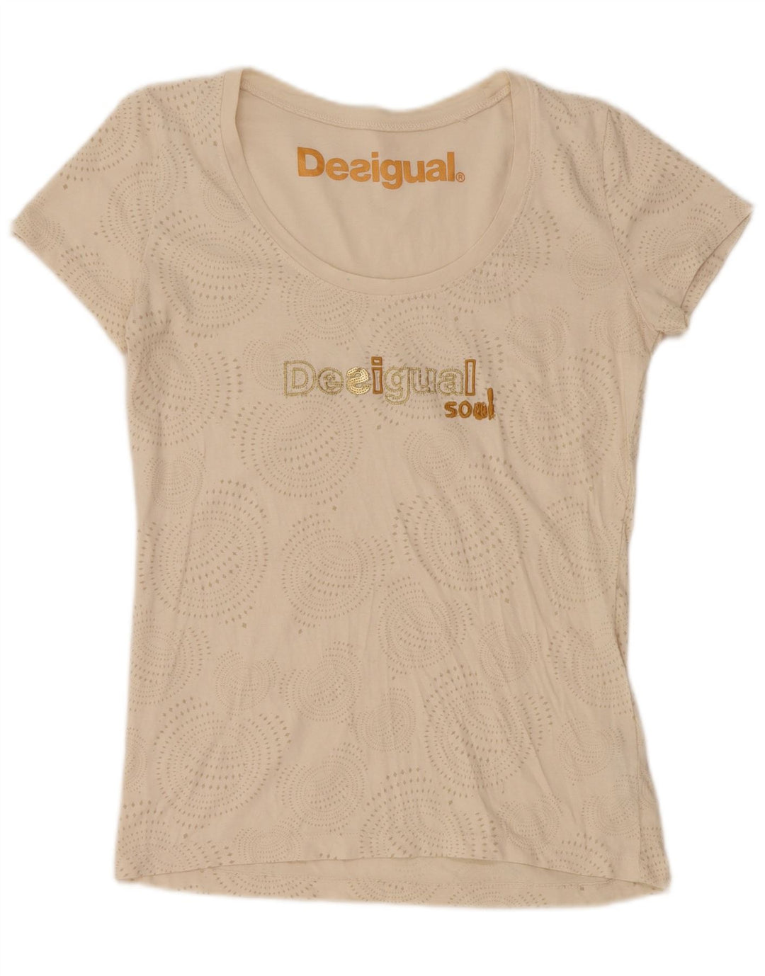 DESIGUAL Camiseta gráfica para mujer Top UK 40 Large Beige Spotted Cotton