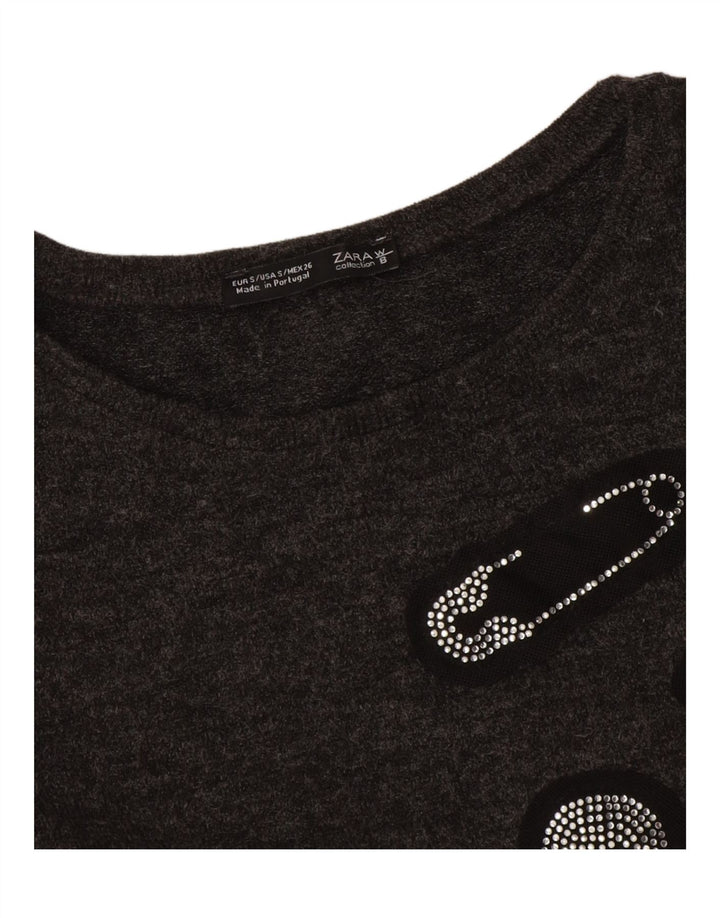 Zara Mujer Crop Graphic Top Manga Larga UK 10 Small Gris
