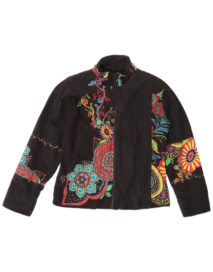 VINTAGE Chaqueta cortavientos para mujer Reino Unido 14 Mediano Negro Floral