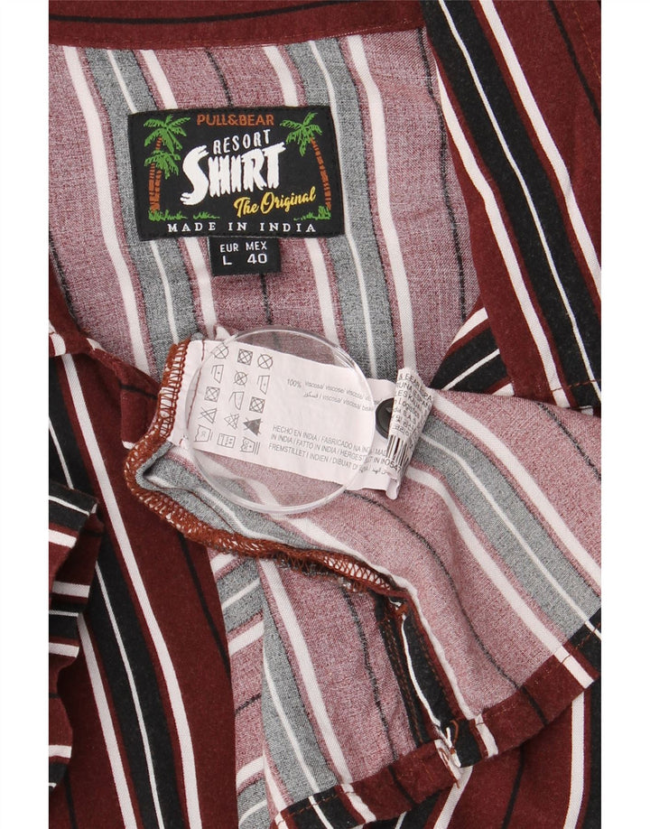 PULL & BEAR Camisa Hombre Manga Corta Large Viscosa Rayas Burdeos