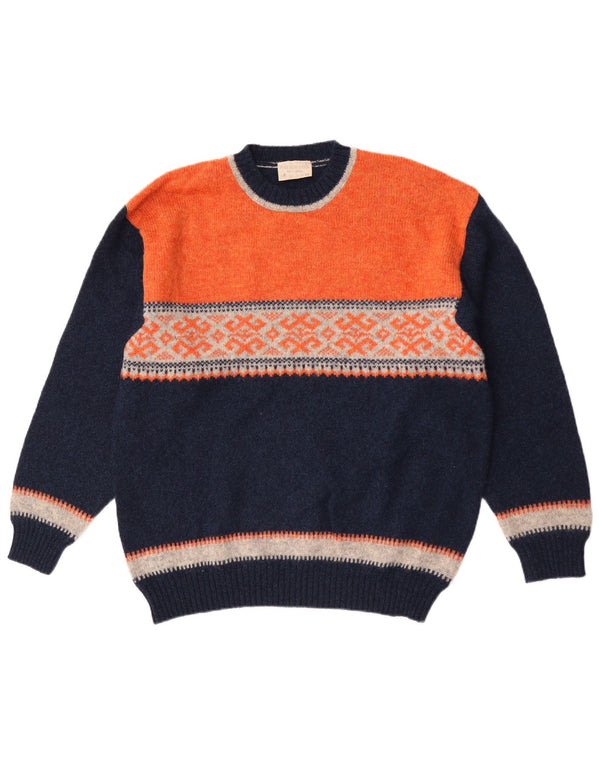 Vintage hombres cuello redondo jersey suéter grande azul marino colorblock lana