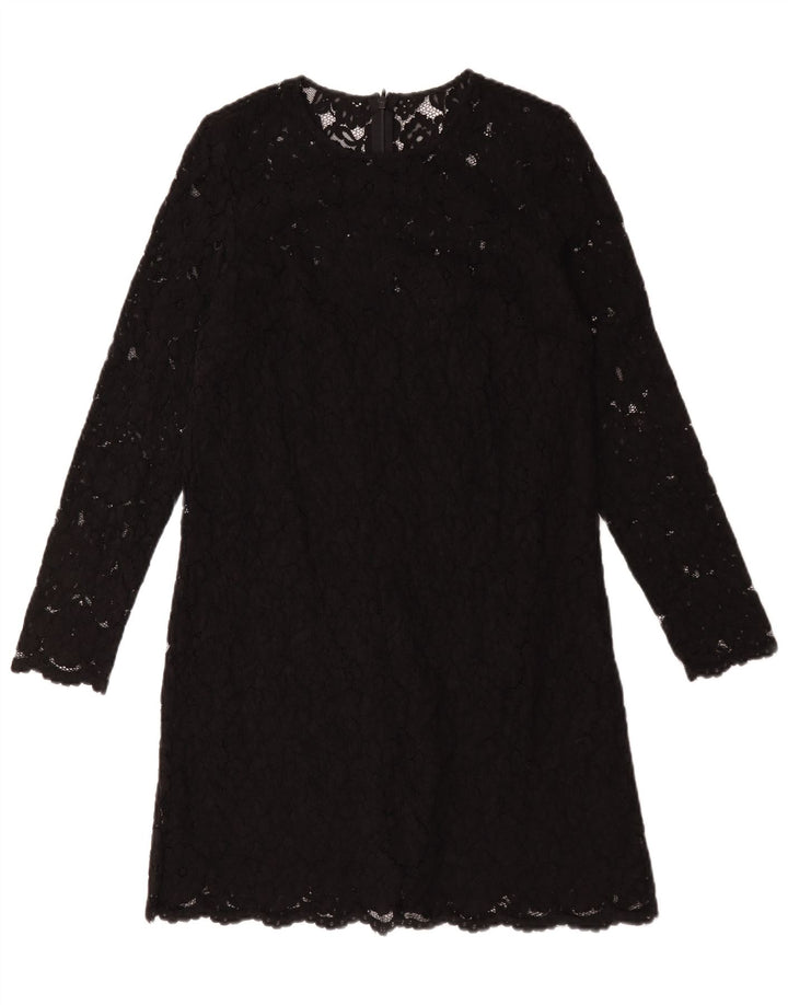 Vintage mujer manga larga cambio vestido Reino Unido 12 poliéster floral negro medio