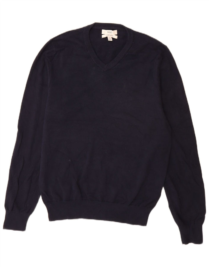Marks & Spencer - Jersey con cuello en V para hombre, talla pequeña, algodón azul marino