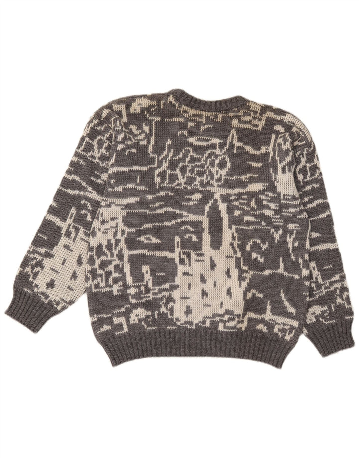 Vintage hombres patrón abstracto cuello redondo jersey suéter pequeño gris